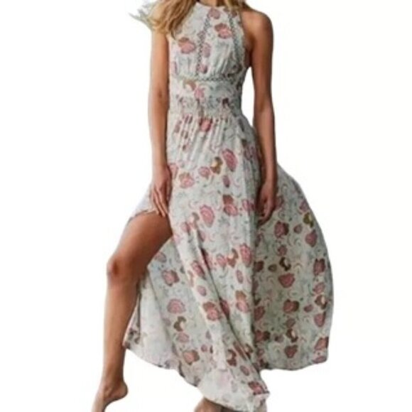 NWT Jaase Endless Summer Blue Green Fan Floral Halter Top Maxi Dress Cutout Back - Picture 2 of 14